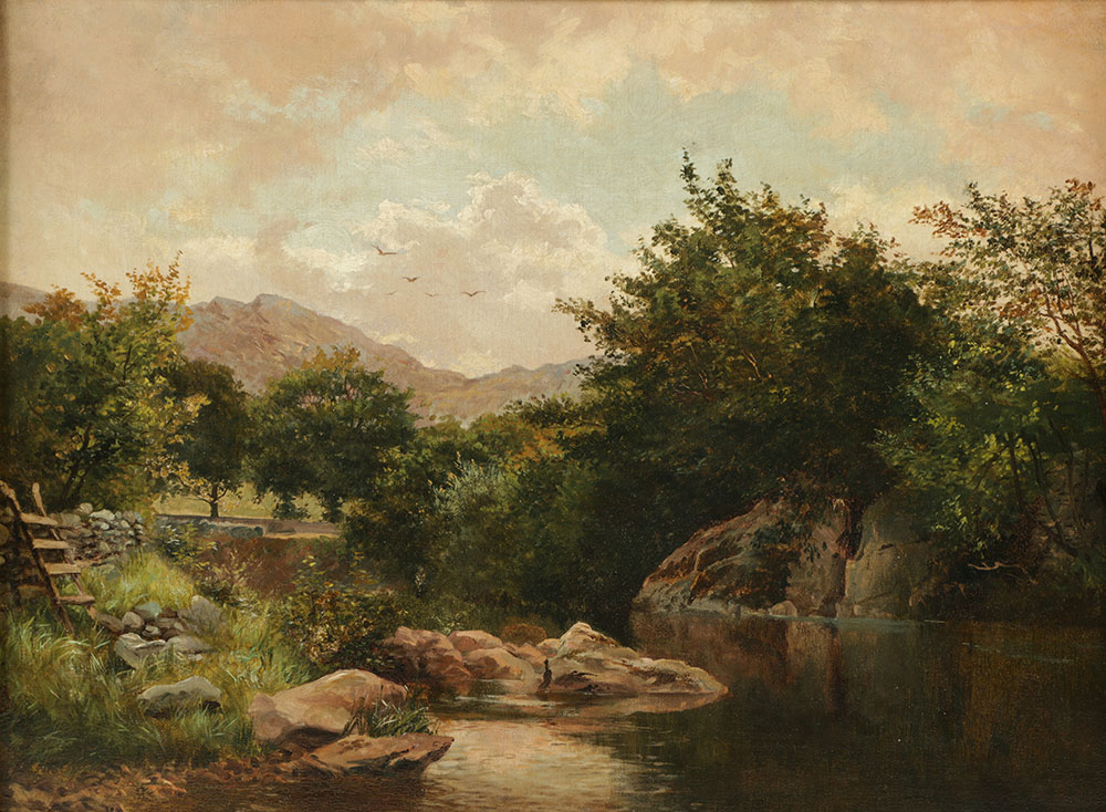 Signed Oil Painting on Canvas of Hudson River School Landscape in 19th-Century Hudson River School Style Gilt and Gesso Frame
