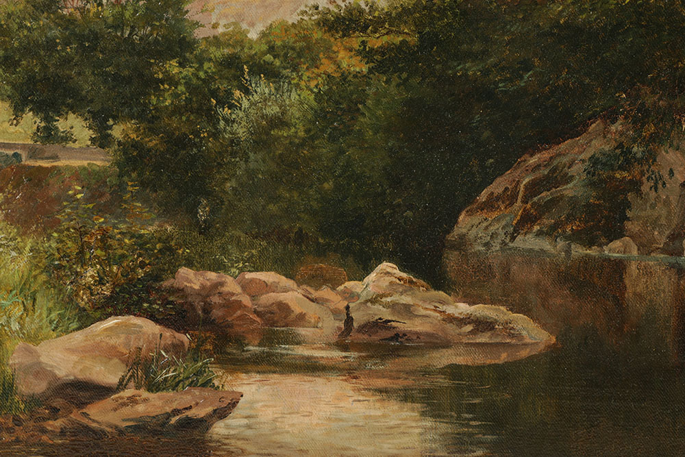 Signed Oil Painting on Canvas of Hudson River School Landscape in 19th-Century Hudson River School Style Gilt and Gesso Frame