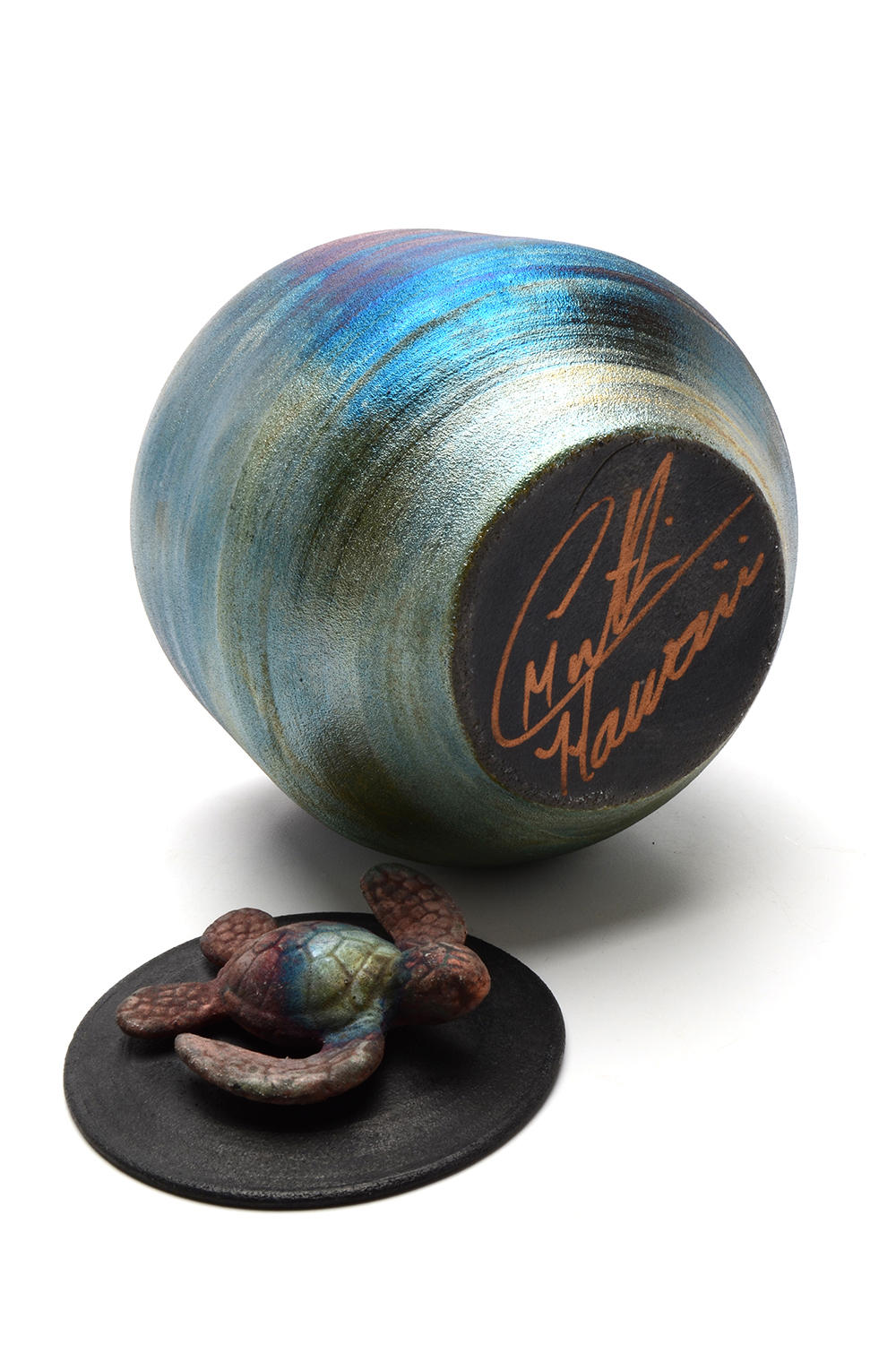 Signed Hawaiian Raku Pottery Turtle Jar