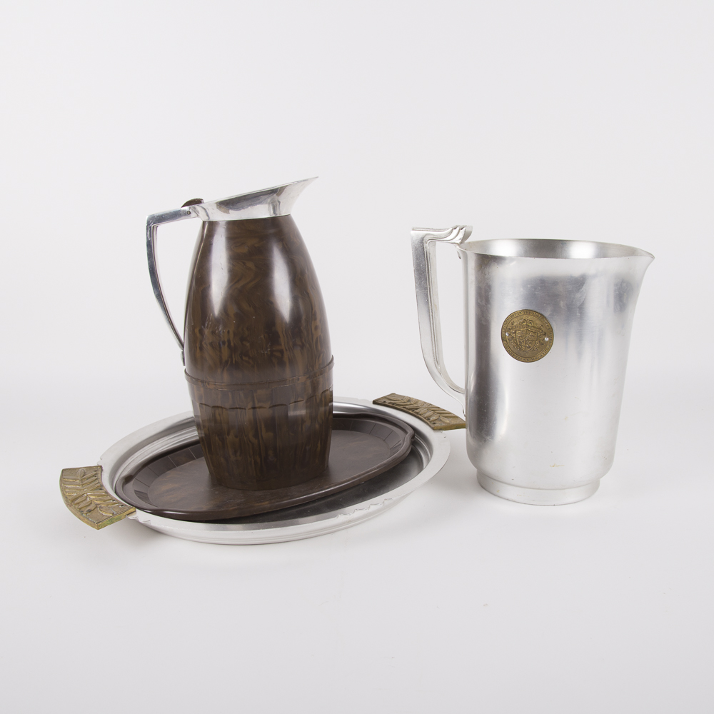 Assorted Pitchers and Trays including Vintage Thermos Vacuum Jug