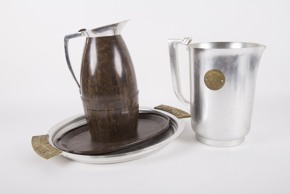 Assorted Pitchers and Trays including Vintage Thermos Vacuum Jug