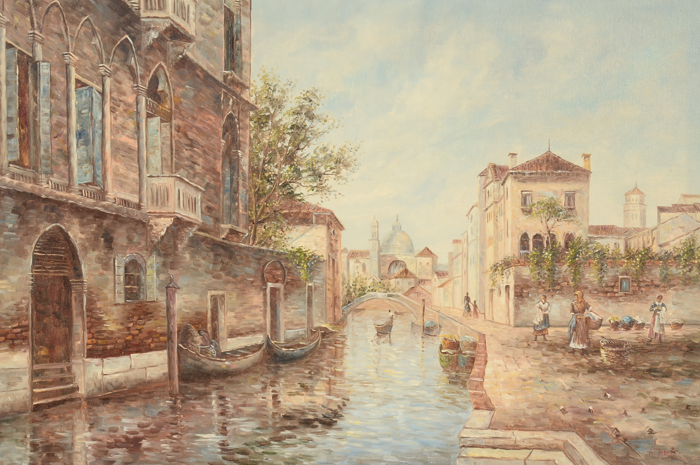 A. Mario Original Oil Venetian Cityscape Genre Scene on Canvas