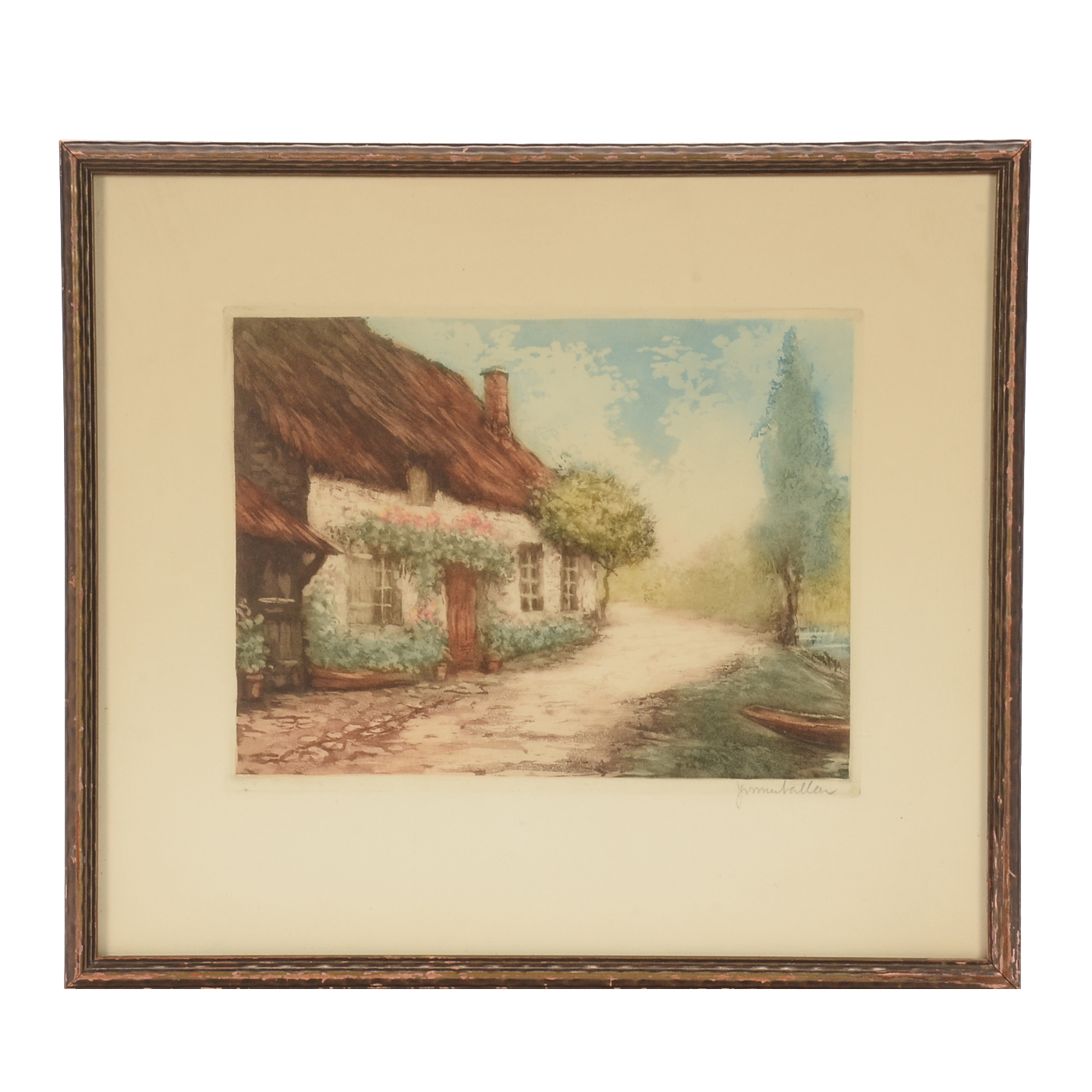 Signed Vintage Aquatint Etching with a la Poupée Coloring