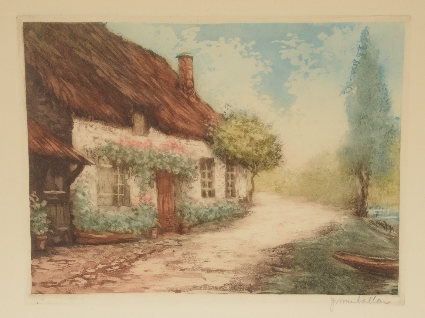 Signed Vintage Aquatint Etching with a la Poupée Coloring