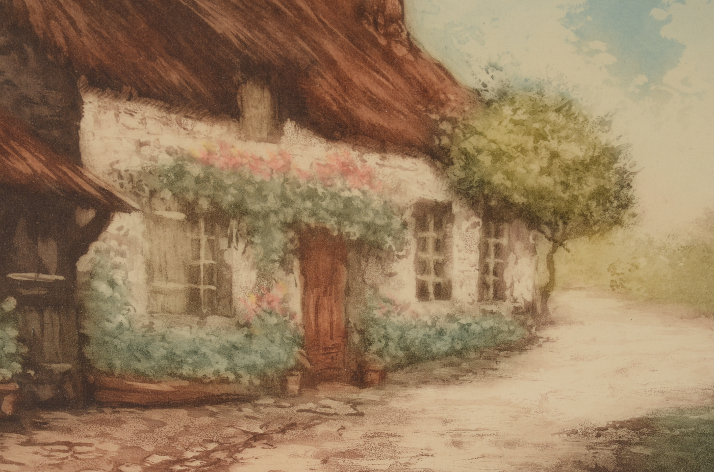 Signed Vintage Aquatint Etching with a la Poupée Coloring