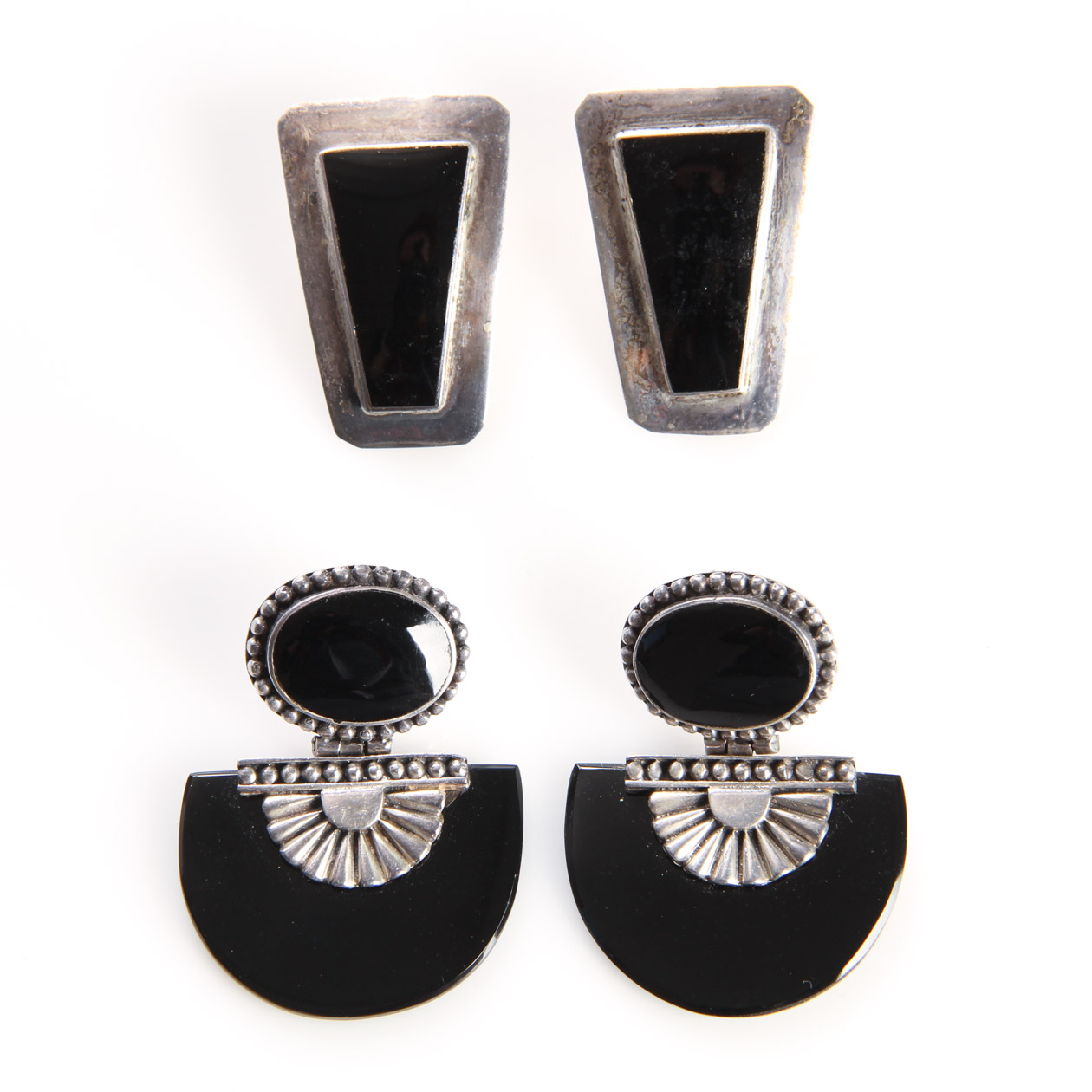 Two Pairs of Sterling Silver and Onyx Statement Earrings