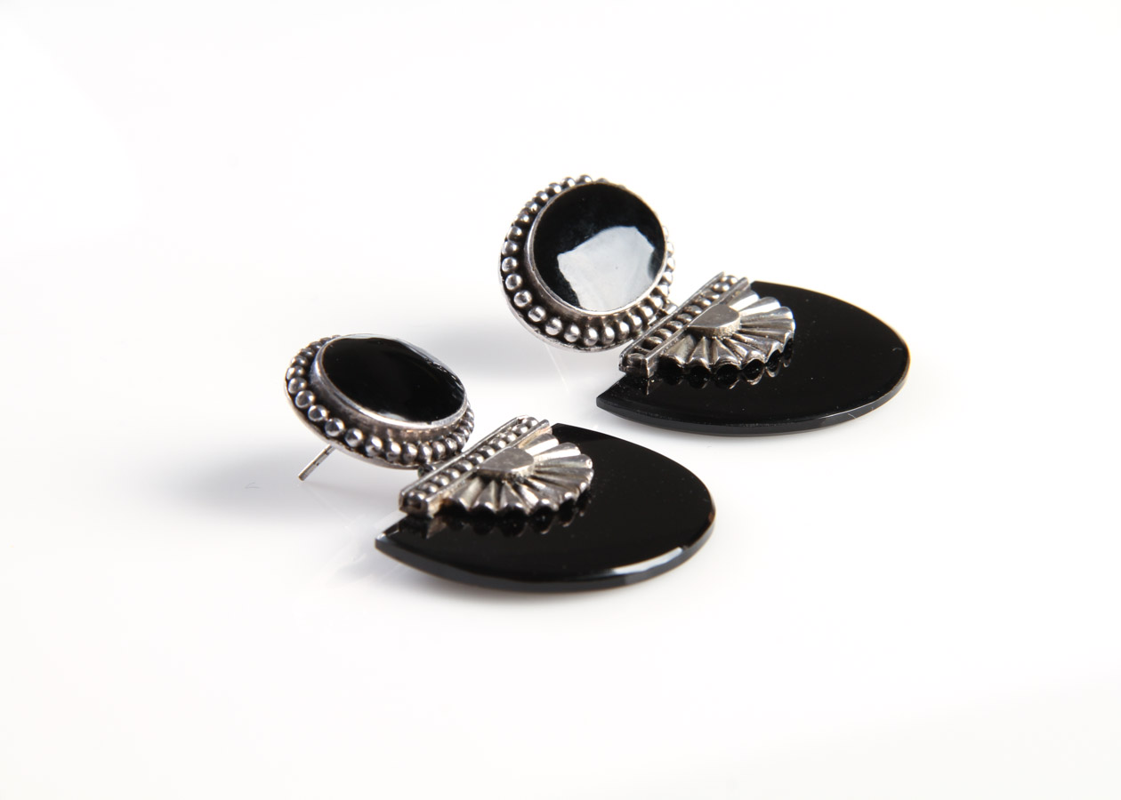 Two Pairs of Sterling Silver and Onyx Statement Earrings