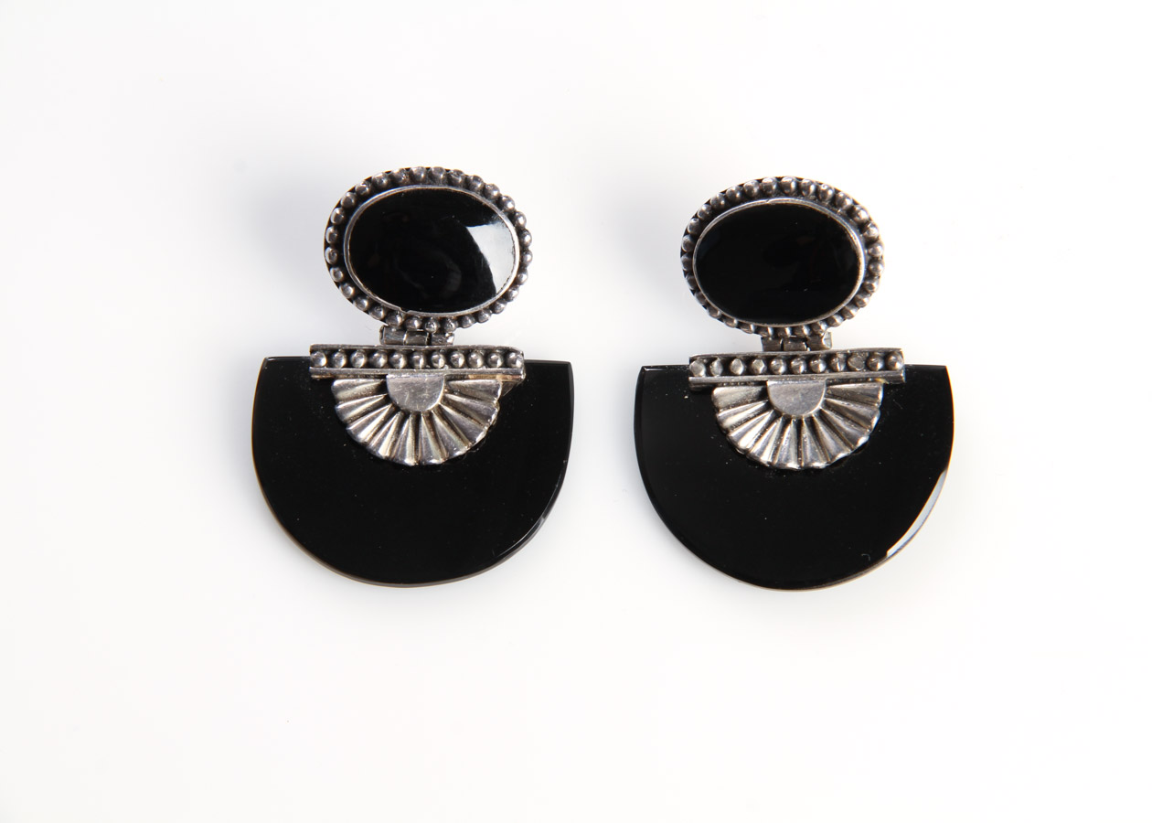 Two Pairs of Sterling Silver and Onyx Statement Earrings