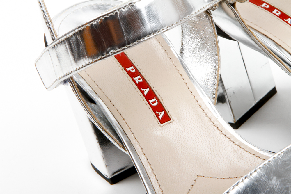 Prada Metallic Block Heel Sandals