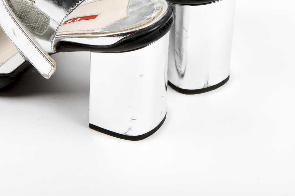 Prada Metallic Block Heel Sandals