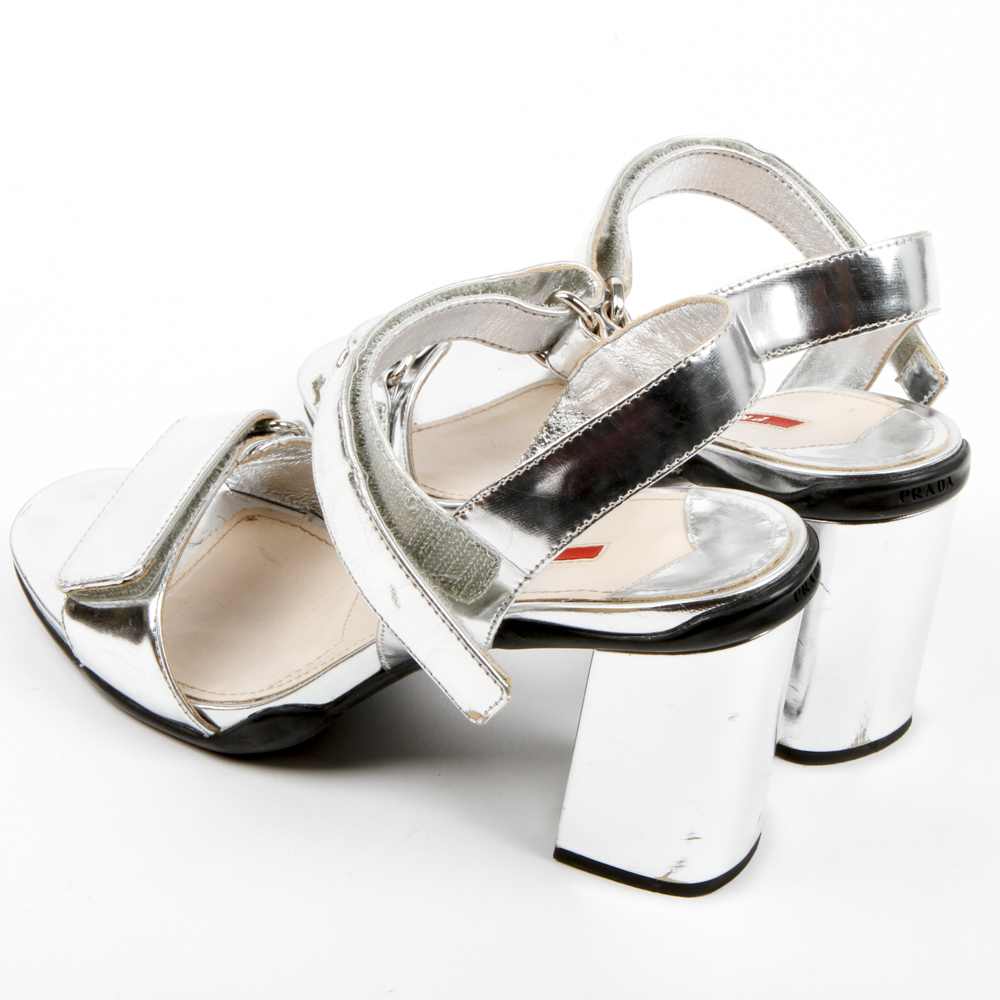 Prada Metallic Block Heel Sandals