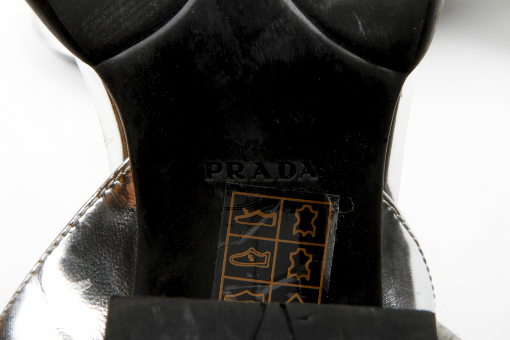 Prada Metallic Block Heel Sandals
