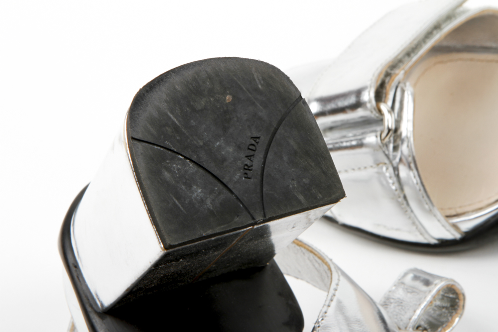 Prada Metallic Block Heel Sandals
