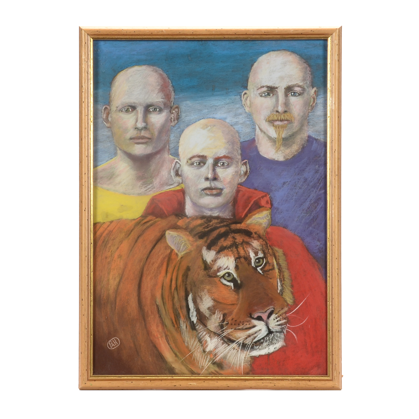 Original Oil Pastel Drawing of Three Men with Tiger
