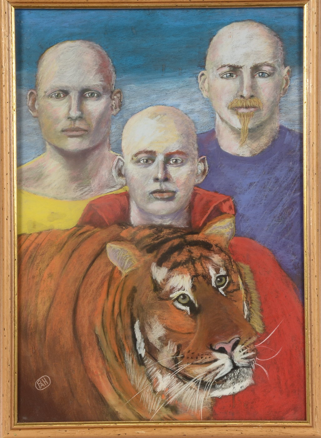 Original Oil Pastel Drawing of Three Men with Tiger
