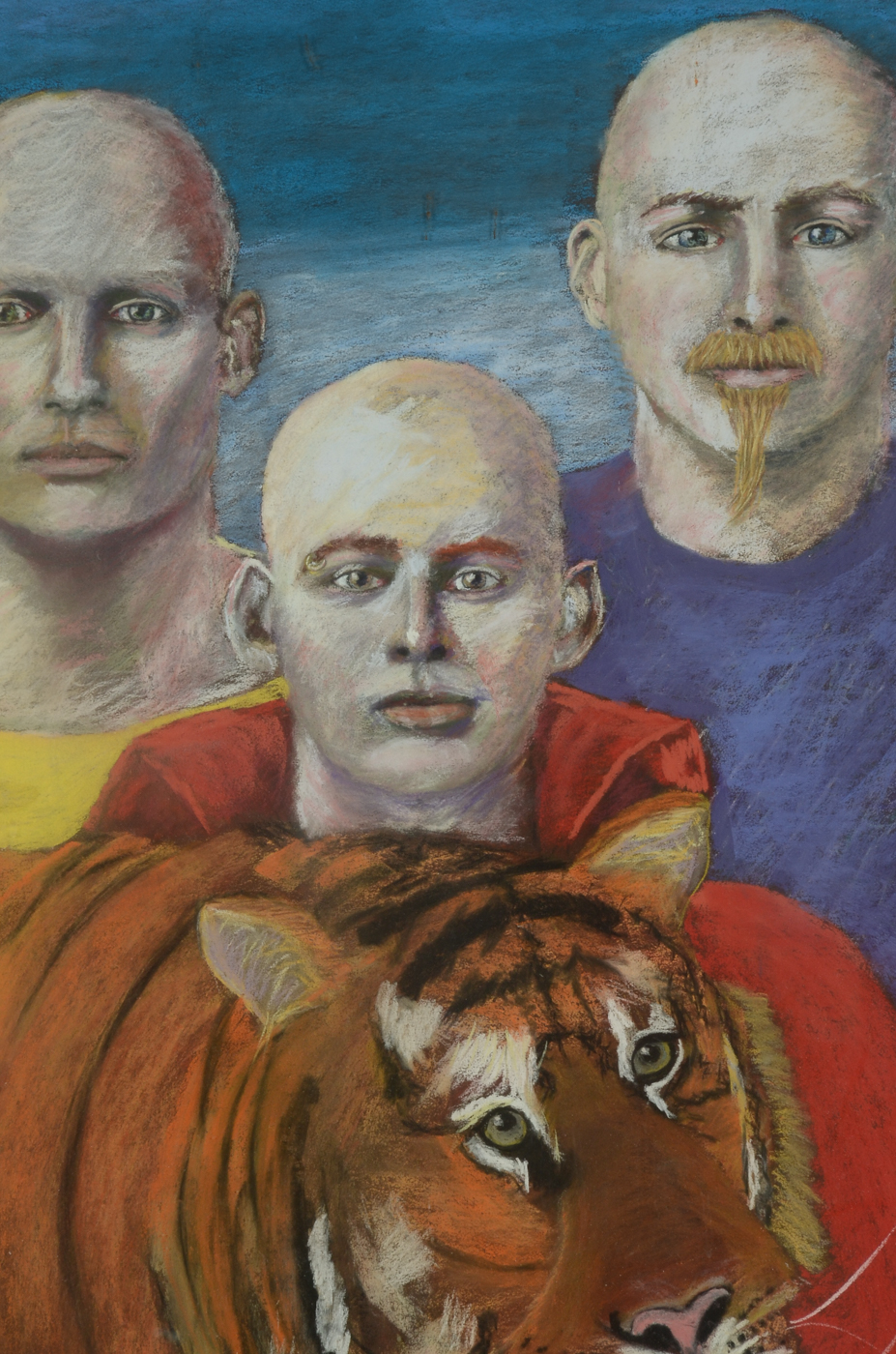 Original Oil Pastel Drawing of Three Men with Tiger