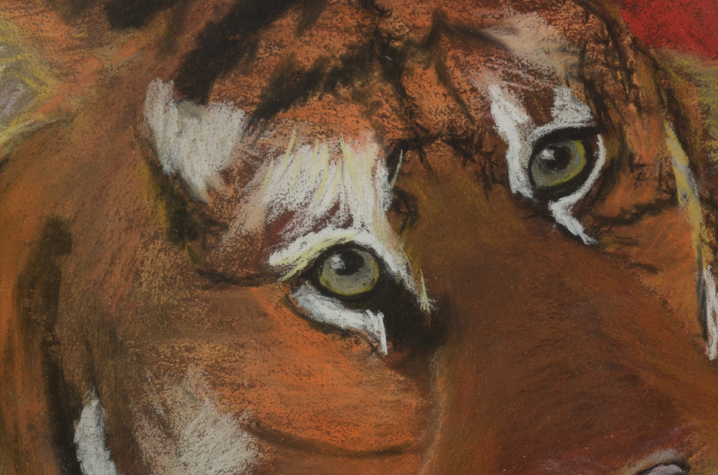 Original Oil Pastel Drawing of Three Men with Tiger