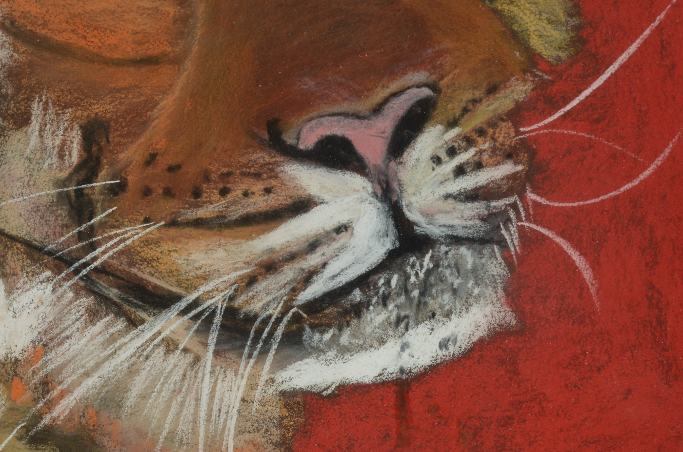Original Oil Pastel Drawing of Three Men with Tiger