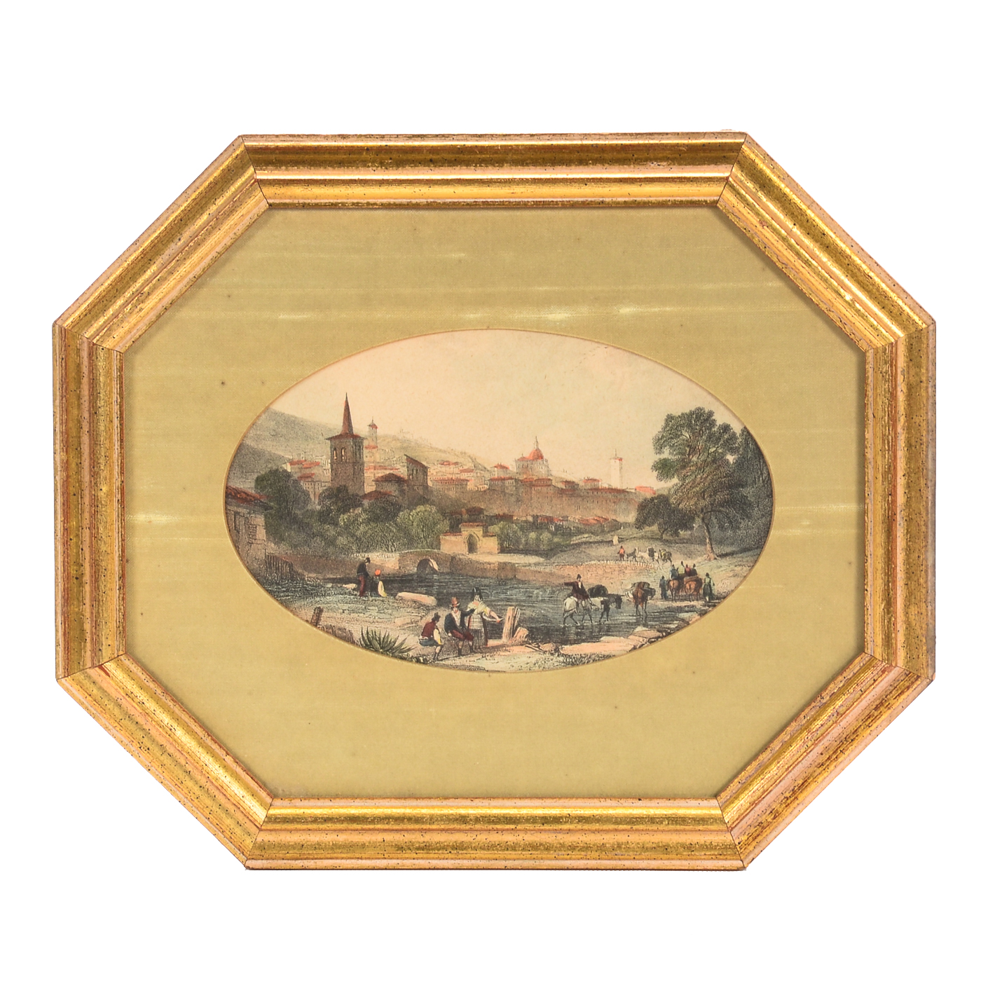 Hand-Colored Lithographic Reproduction after Engraving of Italian Cityscape Genre Scene