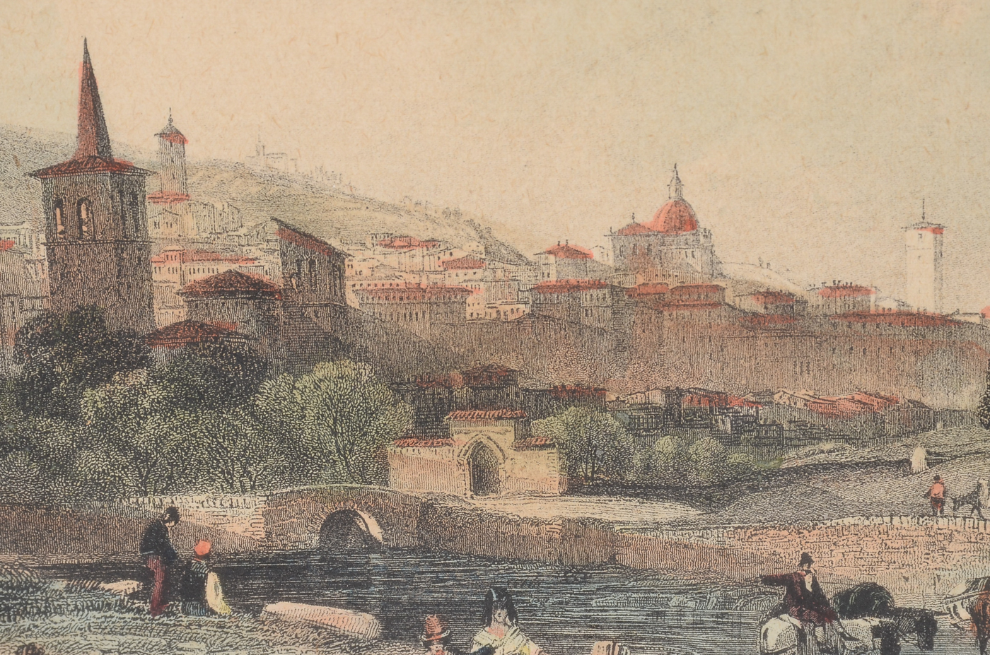 Hand-Colored Lithographic Reproduction after Engraving of Italian Cityscape Genre Scene