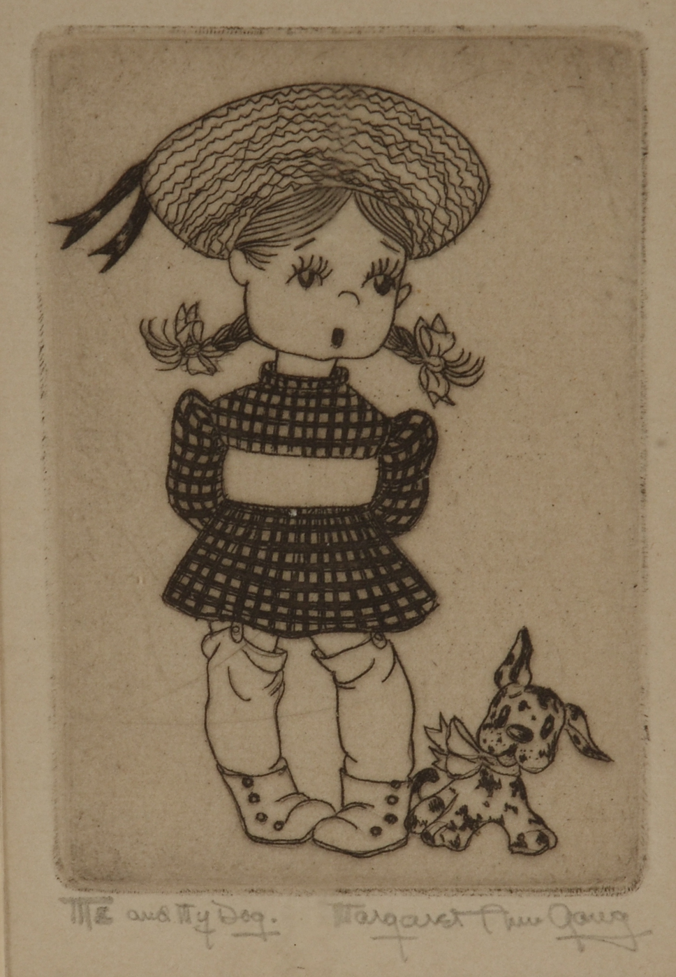 Margaret Ann Gaug Signed Miniature Etching "Me and My Dog"