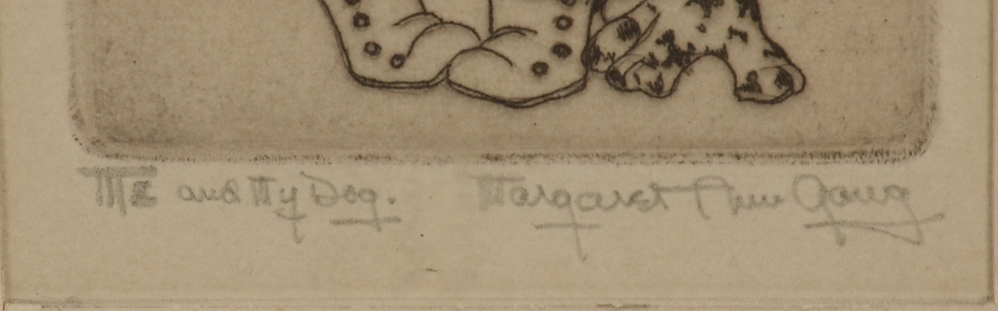 Margaret Ann Gaug Signed Miniature Etching "Me and My Dog"