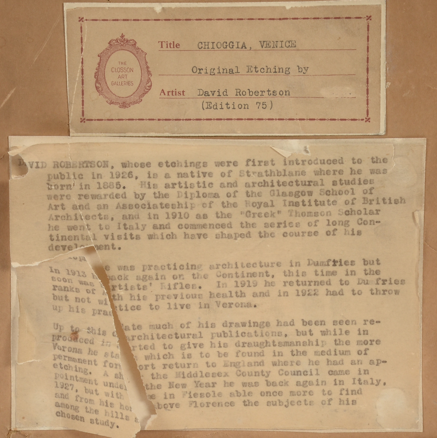 David Robertson Signed 1926 Limited Edition Etching "Chioggia, Venice"