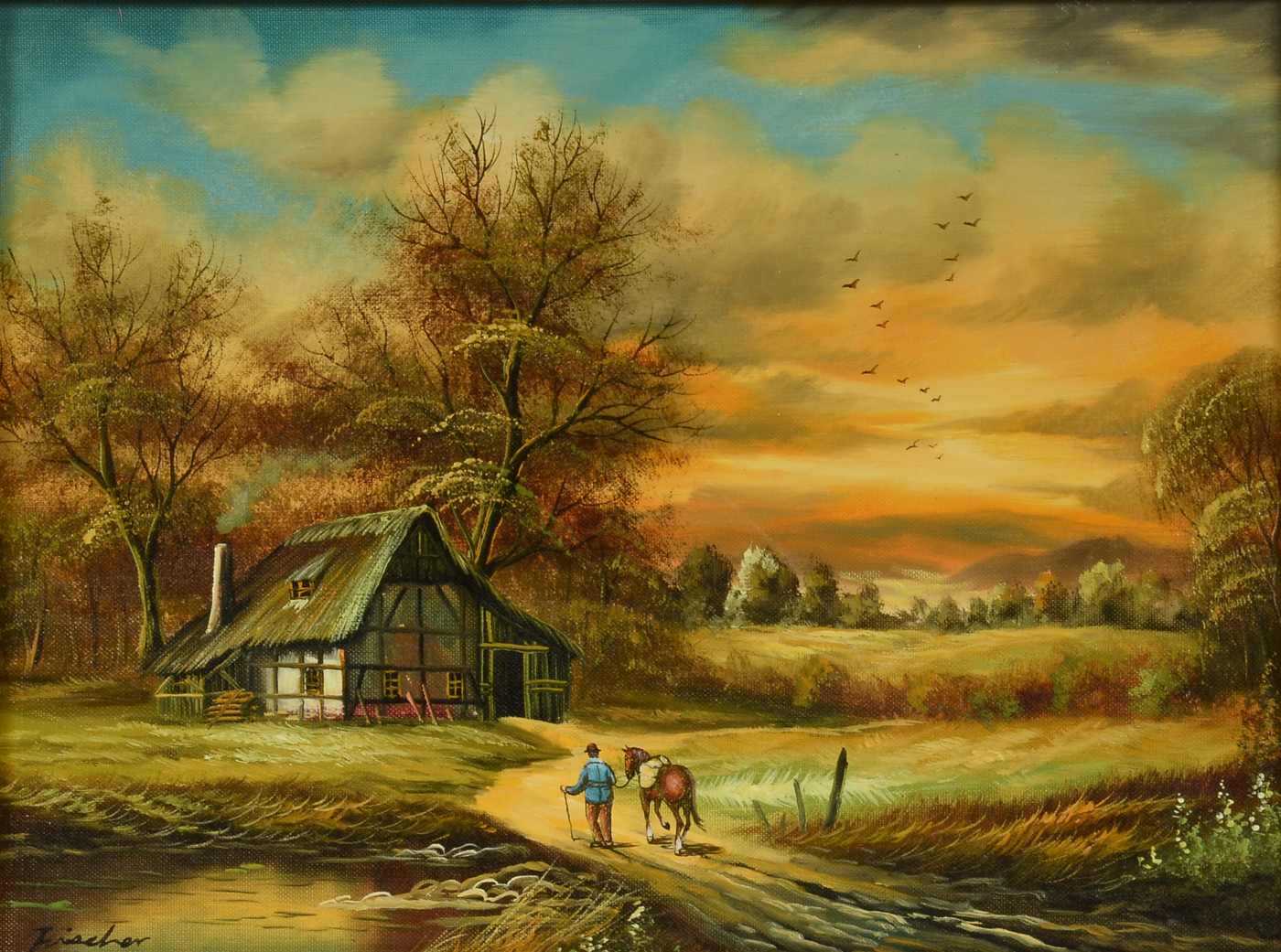 Pair of Fischer Original Decorative Genre Oil Paintings on Canvas