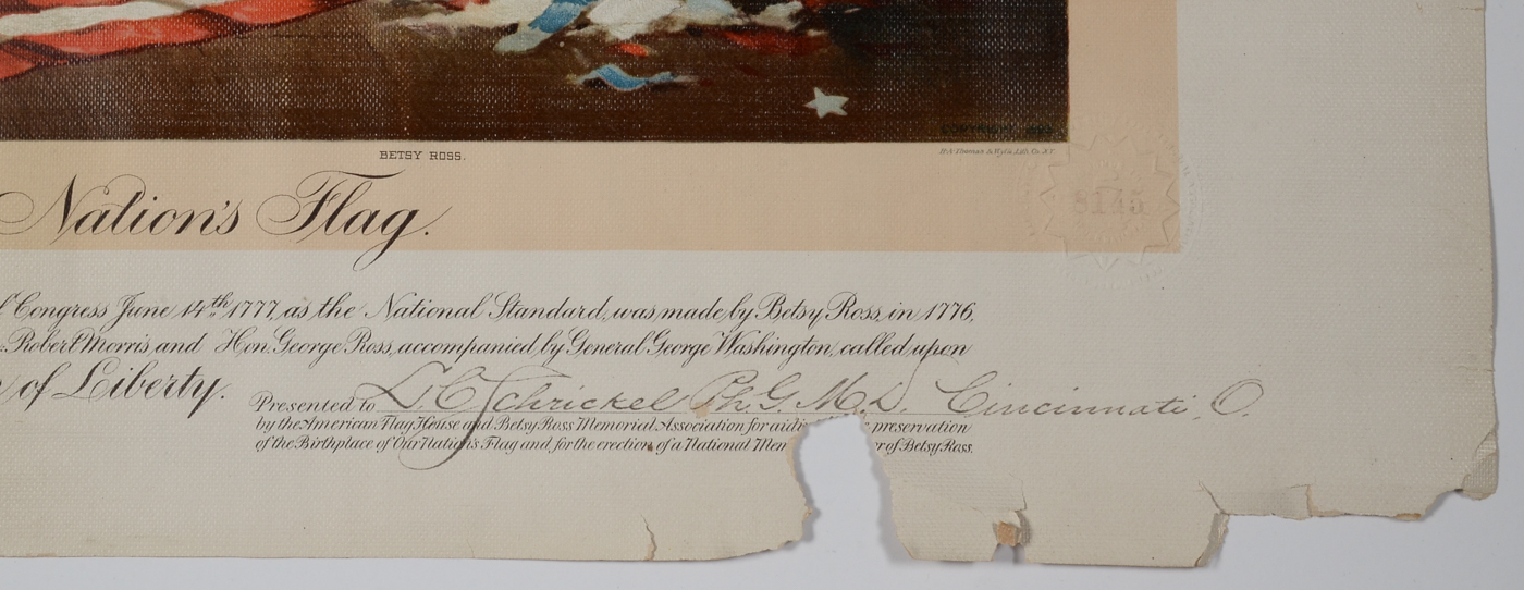 Antique 1893 Early Offset Lithograph after C. H. Weisgerber "Birth of Our Nation's Flag" Inscribed to L. C. Schrickel of Cincinnati