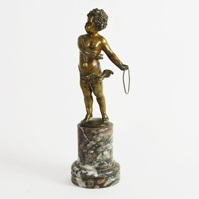 Bronze Cherub Statue On Marble Plinth