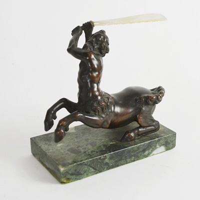 Vintage Bronze Centaur With Mother of Pearl Sword Statue