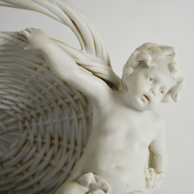 White Bisque Porcelian Cherub Basket and Cherub Statue