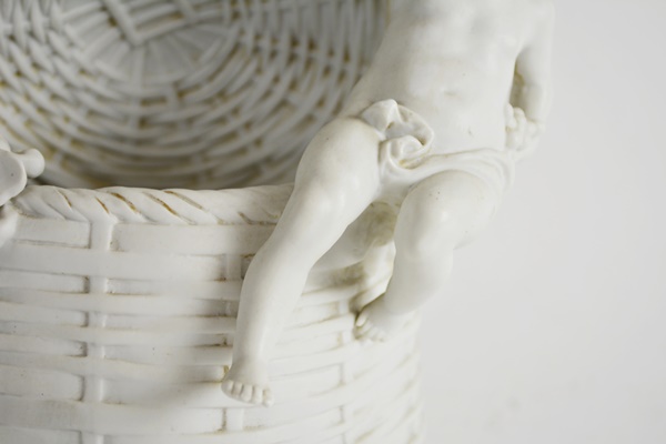 White Bisque Porcelian Cherub Basket and Cherub Statue