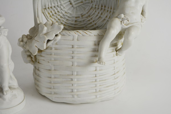 White Bisque Porcelian Cherub Basket and Cherub Statue