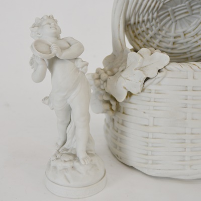 White Bisque Porcelian Cherub Basket and Cherub Statue
