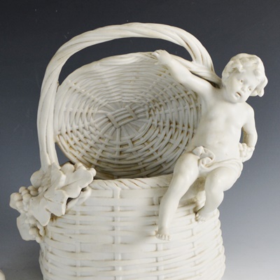 White Bisque Porcelian Cherub Basket and Cherub Statue