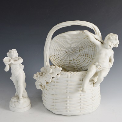 White Bisque Porcelian Cherub Basket and Cherub Statue