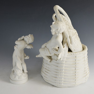 White Bisque Porcelian Cherub Basket and Cherub Statue