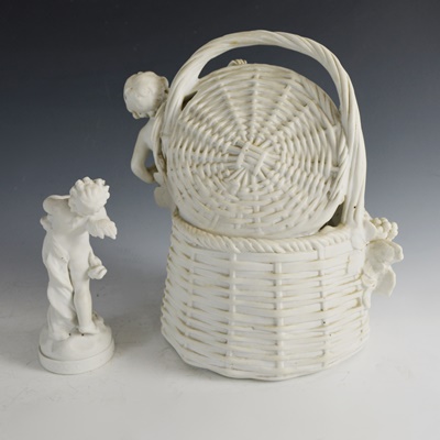 White Bisque Porcelian Cherub Basket and Cherub Statue