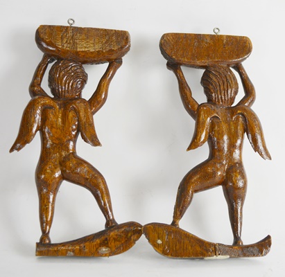 Two Carved Cherub Wood Wall Hanging