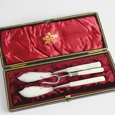 Antique Mother of Pearl Handle Serving Set With Sterling Fork