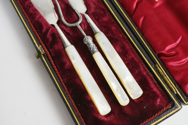 Antique Mother of Pearl Handle Serving Set With Sterling Fork