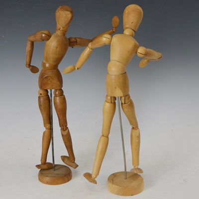 Two Wood Artist Mannequin Drawing Figures