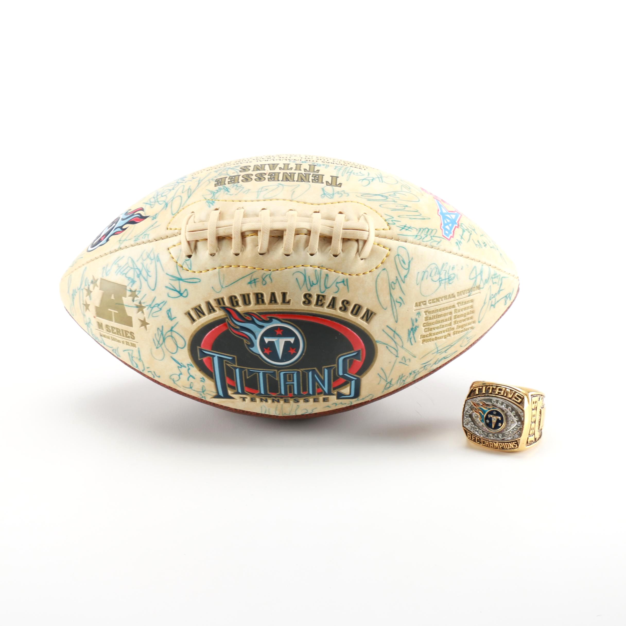 Autographed Tennessee Titans Inaugural Season Football and 1999 Replica Brass Tennessee Titans Ring.
