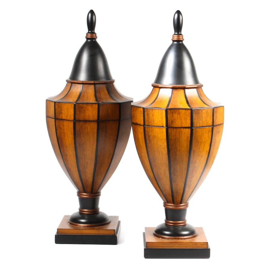 Pair of Painted Wooden Urns