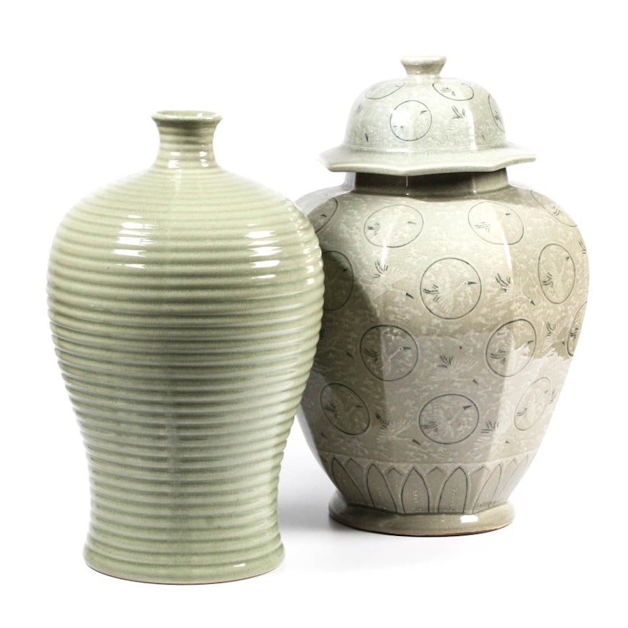 Asian Inspired Decorative Floor Vase and Oversize Ginger Jar