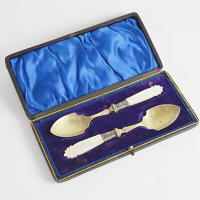 Antique Spoon Set With Mother of Pearl Handle, Sterling Neck and EPNS Bowl