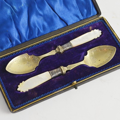 Antique Spoon Set With Mother of Pearl Handle, Sterling Neck and EPNS Bowl