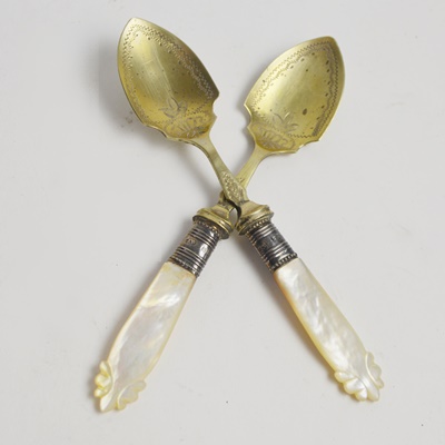 Antique Spoon Set With Mother of Pearl Handle, Sterling Neck and EPNS Bowl