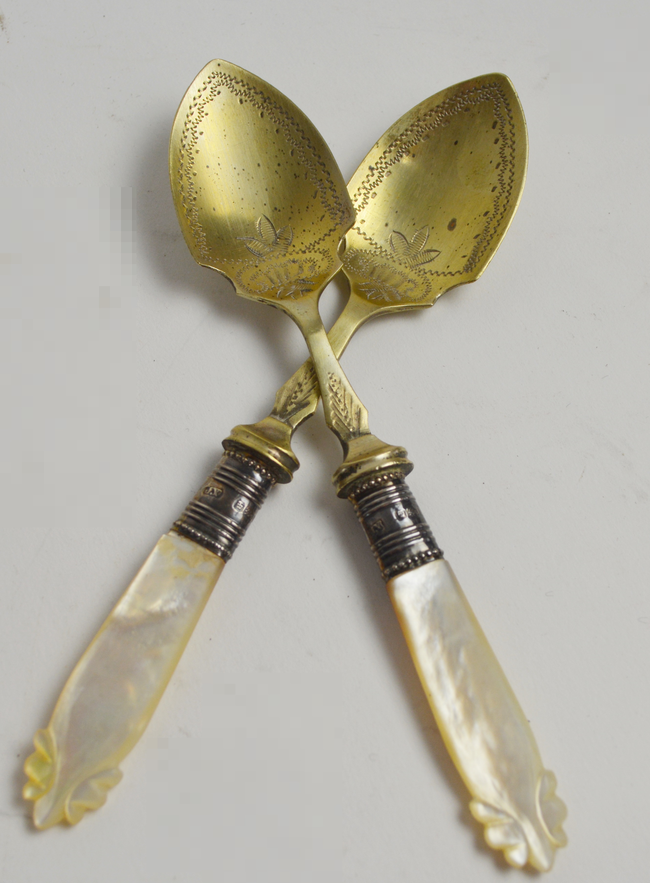 Antique Spoon Set With Mother of Pearl Handle, Sterling Neck and EPNS Bowl